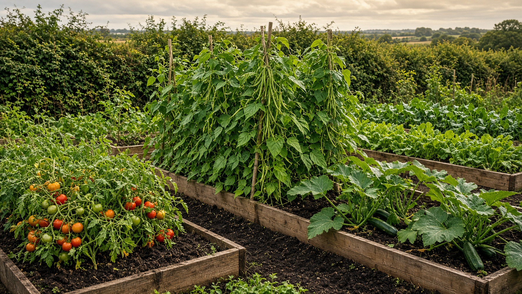 Thriving English allotment with vegetables in compost-rich raised beds