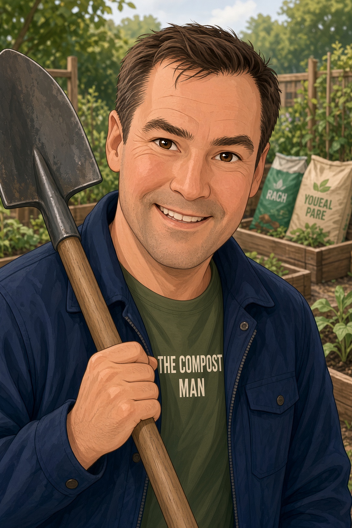 Cartoon of Andy, The Compost Man, in a green Compost Man t-shirt holding a garden shovel