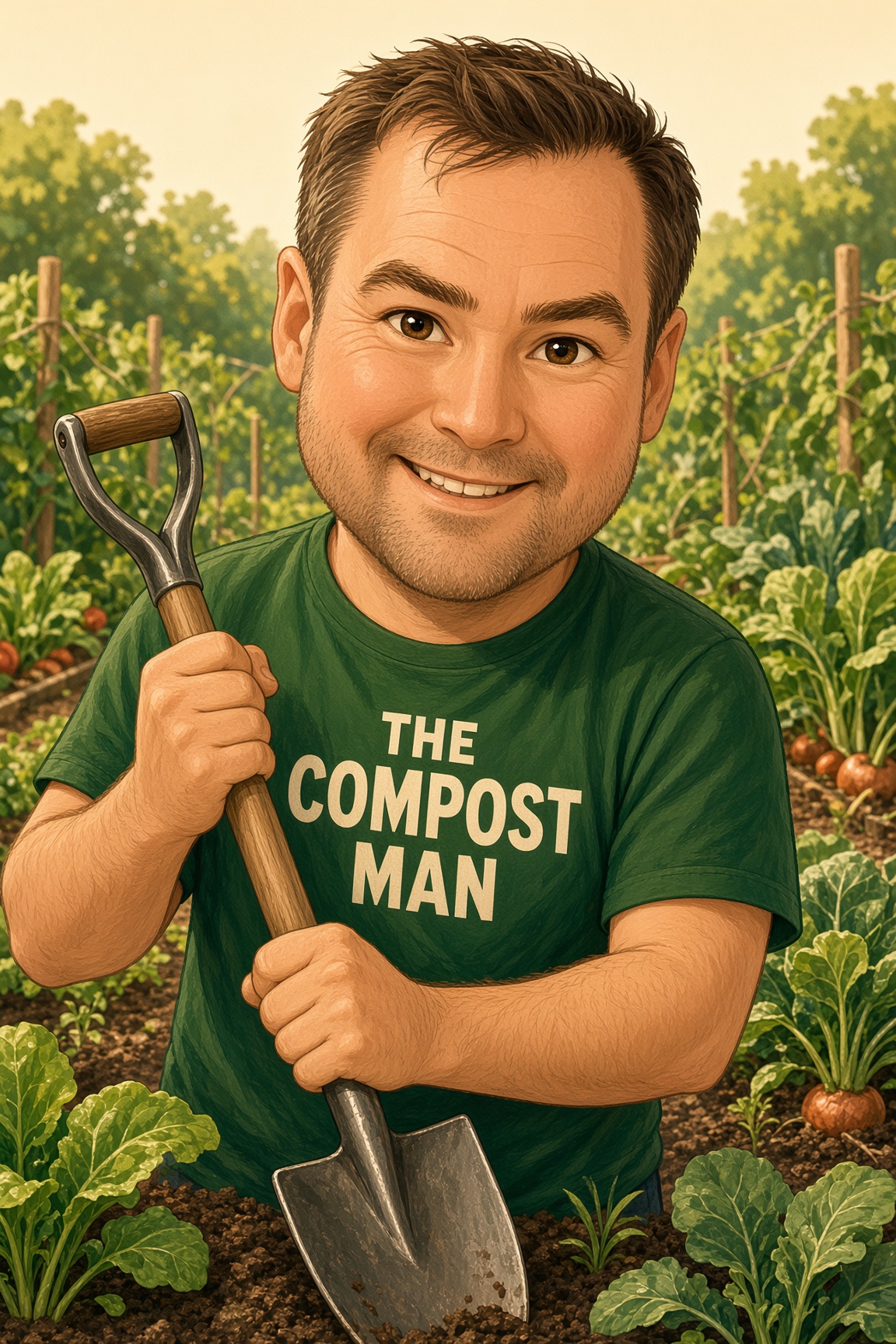 Cartoon of Andy in a Compost Man t-shirt holding a shovel in the garden
