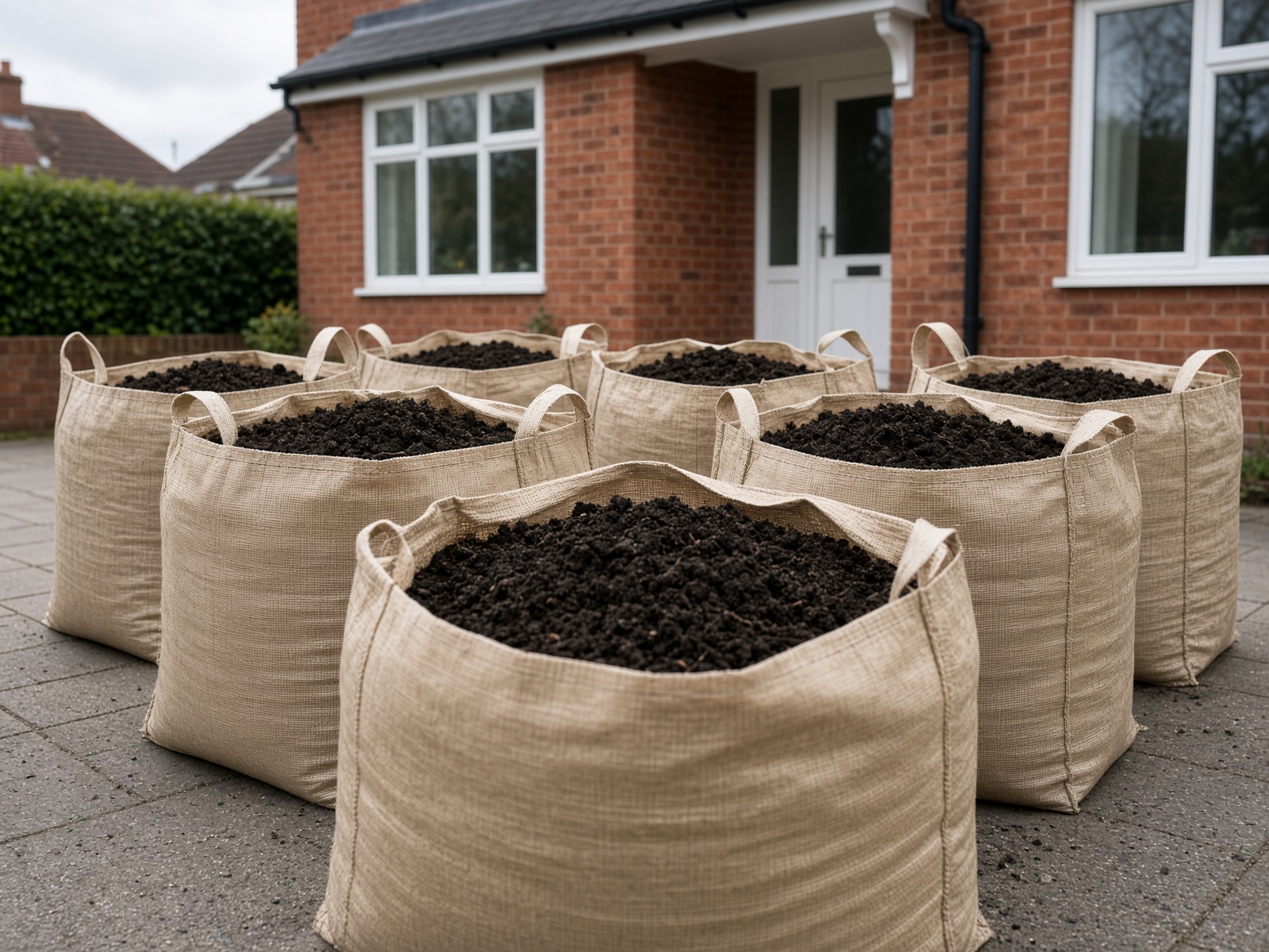 Five bulk bags of compost on a British driveway
